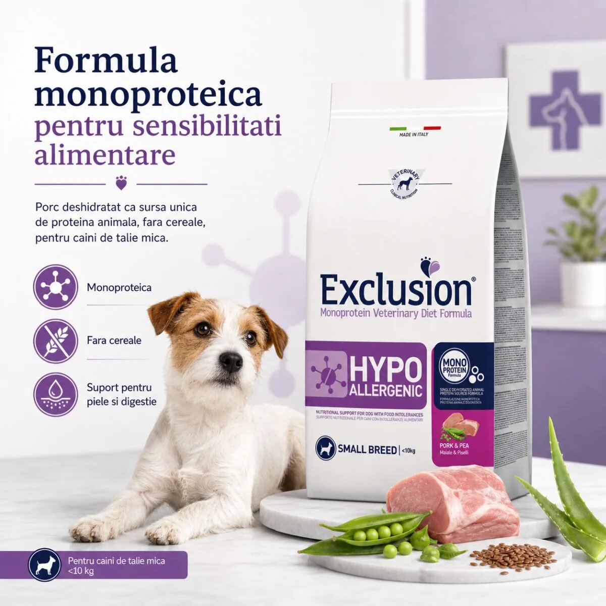 EXCLUSION Monoprotein VD Hypoallergenic Small XS-S Porc și Mazăre dietă veterinară hrană uscată fără cereale câini alergii 7kg