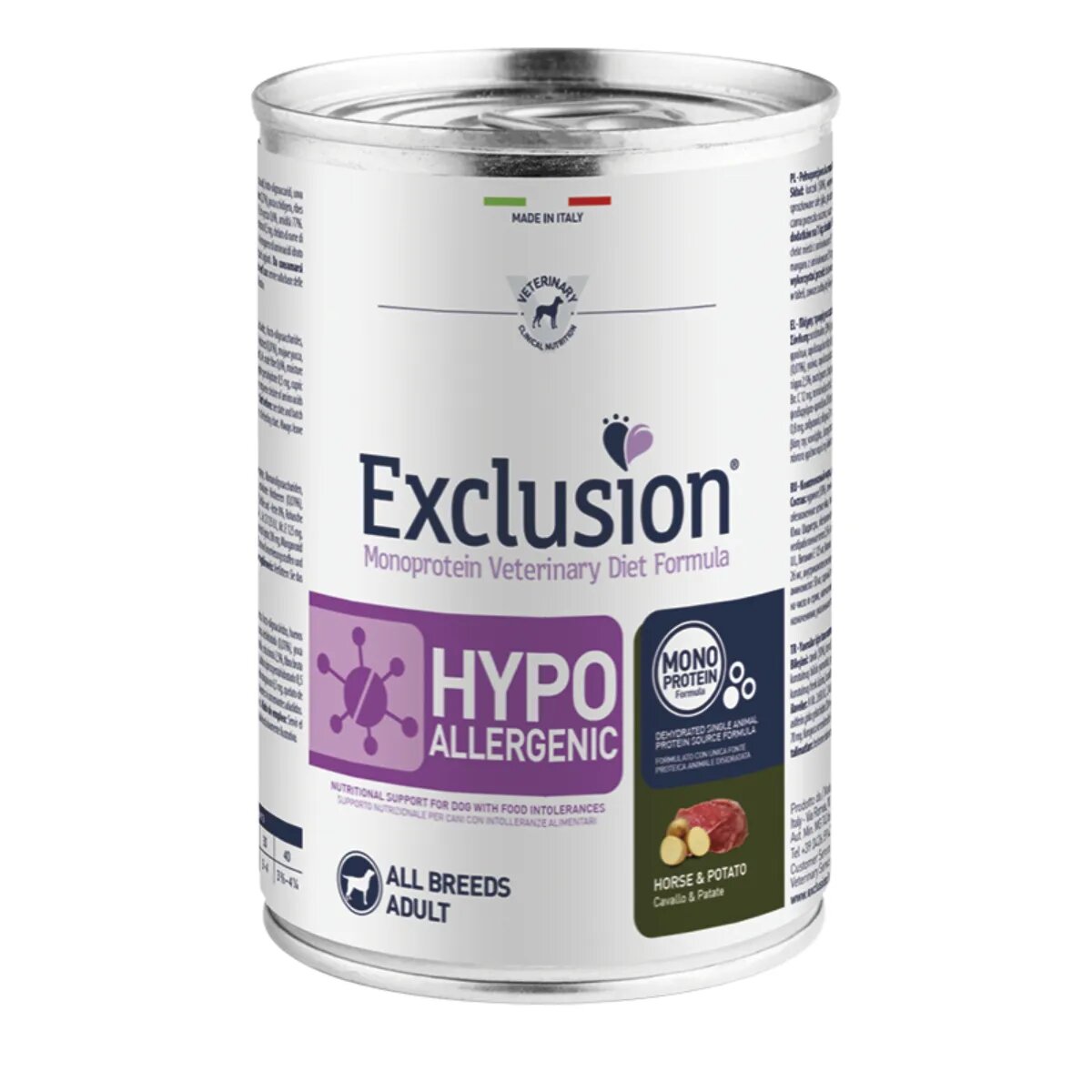EXCLUSION Monoprotein VD Hypoallergenic XS-XL Cal și Cartofi dietă veterinară conservă hrană umedă fără cereale câini alergii (pate) 400g