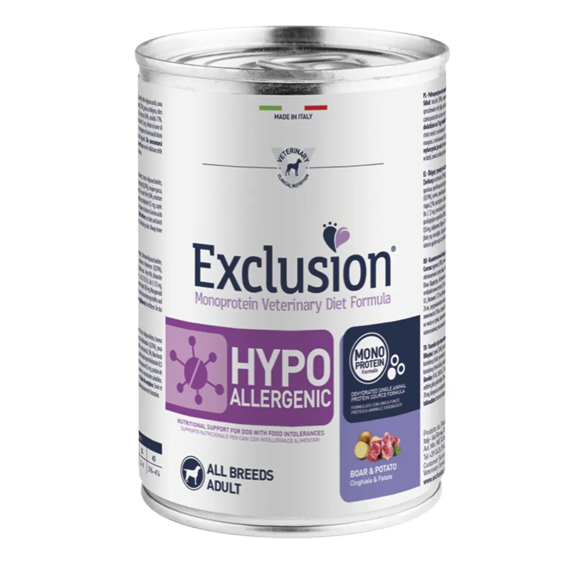 EXCLUSION Monoprotein VD Hypoallergenic XS-XL Mistreț Cartofi dietă veterinară conservă hrană umedă fără cereale câini alergii (pate) 400g