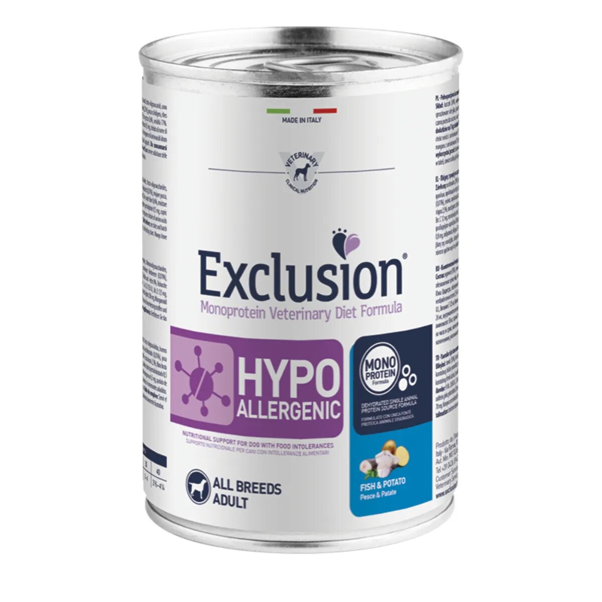EXCLUSION Monoprotein VD Hypoallergenic XS-XL Pește și Cartofi dietă veterinară conservă hrană umedă fără cereale câini alergii (pate) 400g