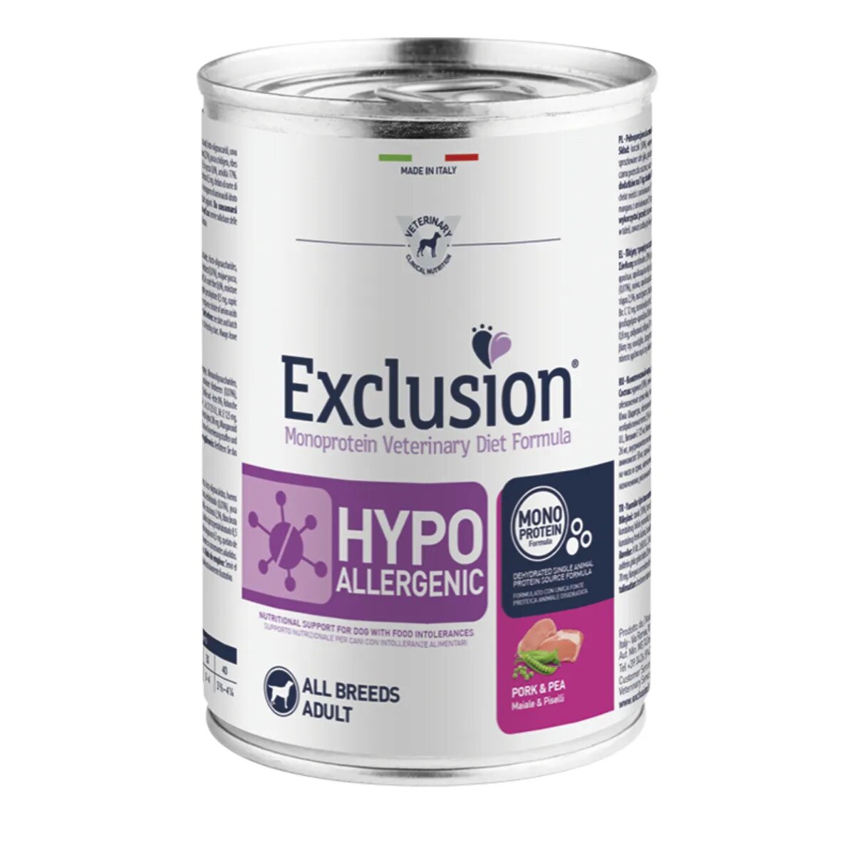 EXCLUSION Monoprotein VD Hypoallergenic XS-XL Porc și Mazăre dietă veterinară conservă hrană umedă fără cereale câini alergii (pate) 400g