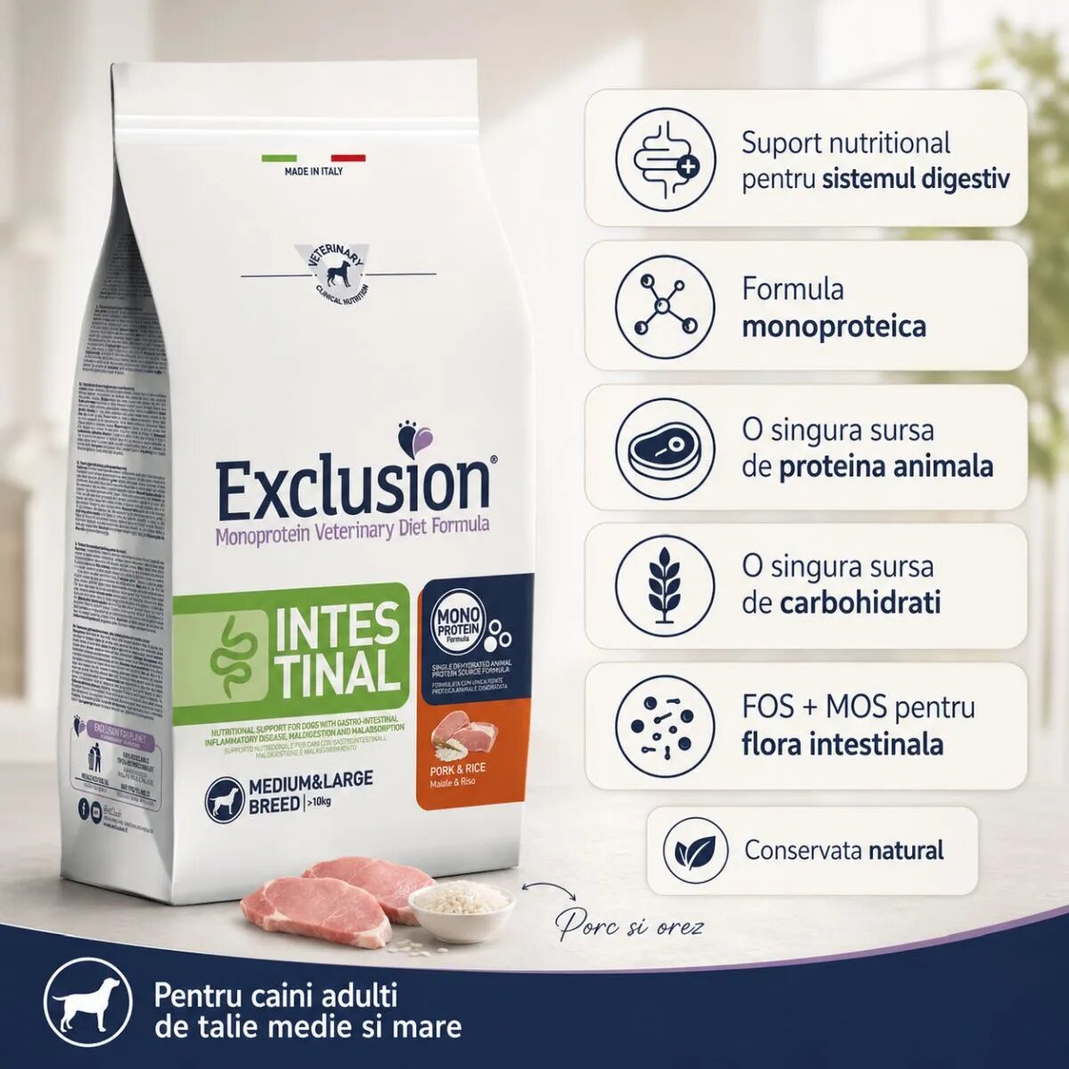 EXCLUSION Monoprotein VD Intestinal Medium&Large M-XL Porc și Orez dietă veterinară hrană uscată câini sistem digestiv 12kg
