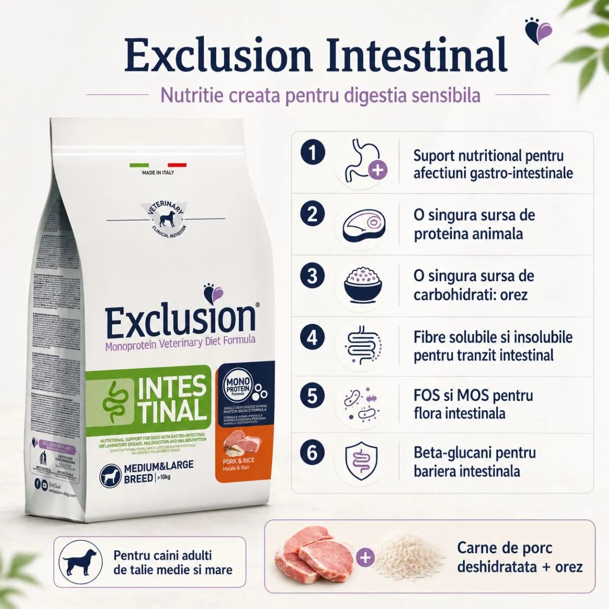 EXCLUSION Monoprotein VD Intestinal Medium&Large M-XL Porc și Orez dietă veterinară hrană uscată câini sistem digestiv 12kg