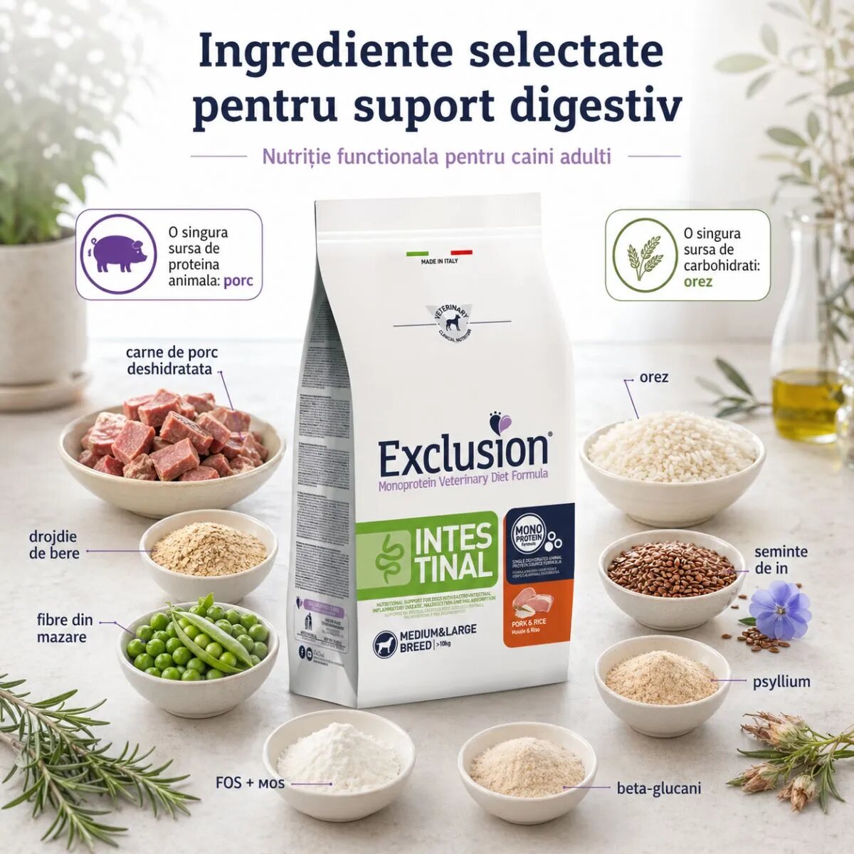 EXCLUSION Monoprotein VD Intestinal Porc și Orez dietă veterinară hrană uscată pisici sistem digestiv 1.5kg