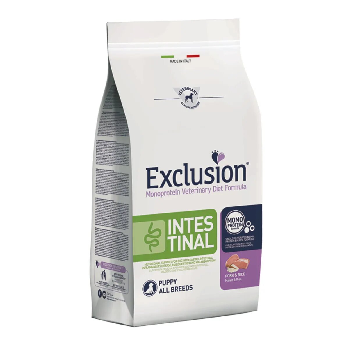 EXCLUSION Monoprotein VD Intestinal Puppy XS-XL Porc și Orez dietă veterinară hrană uscată câini junior sistem digestiv 12kg