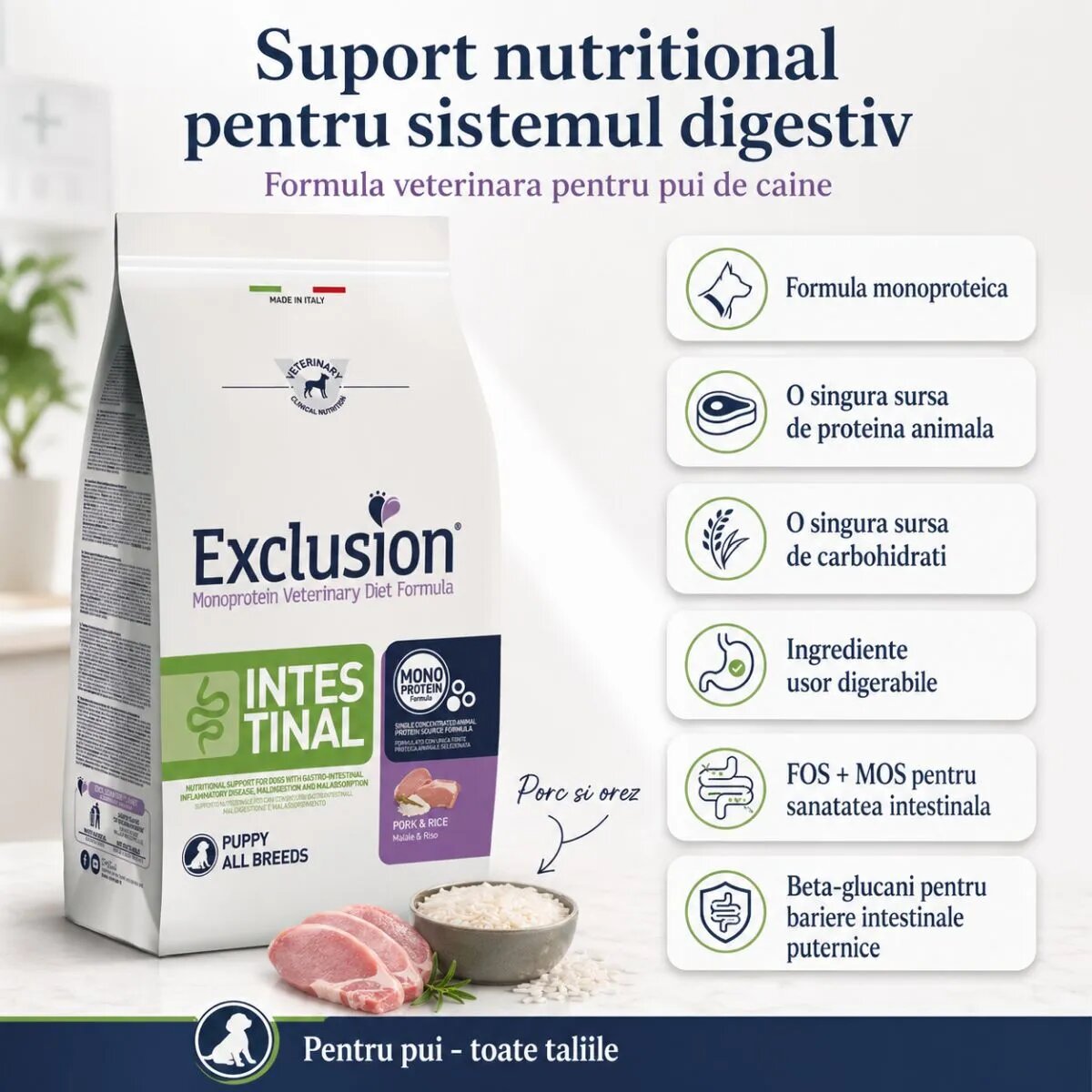 EXCLUSION Monoprotein VD Intestinal Puppy XS-XL Porc și Orez dietă veterinară hrană uscată câini junior sistem digestiv 12kg