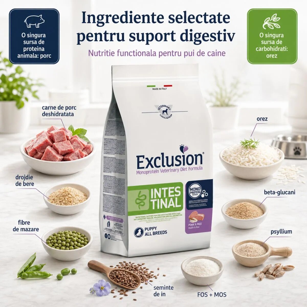 EXCLUSION Monoprotein VD Intestinal Puppy XS-XL Porc și Orez dietă veterinară hrană uscată câini junior sistem digestiv 12kg