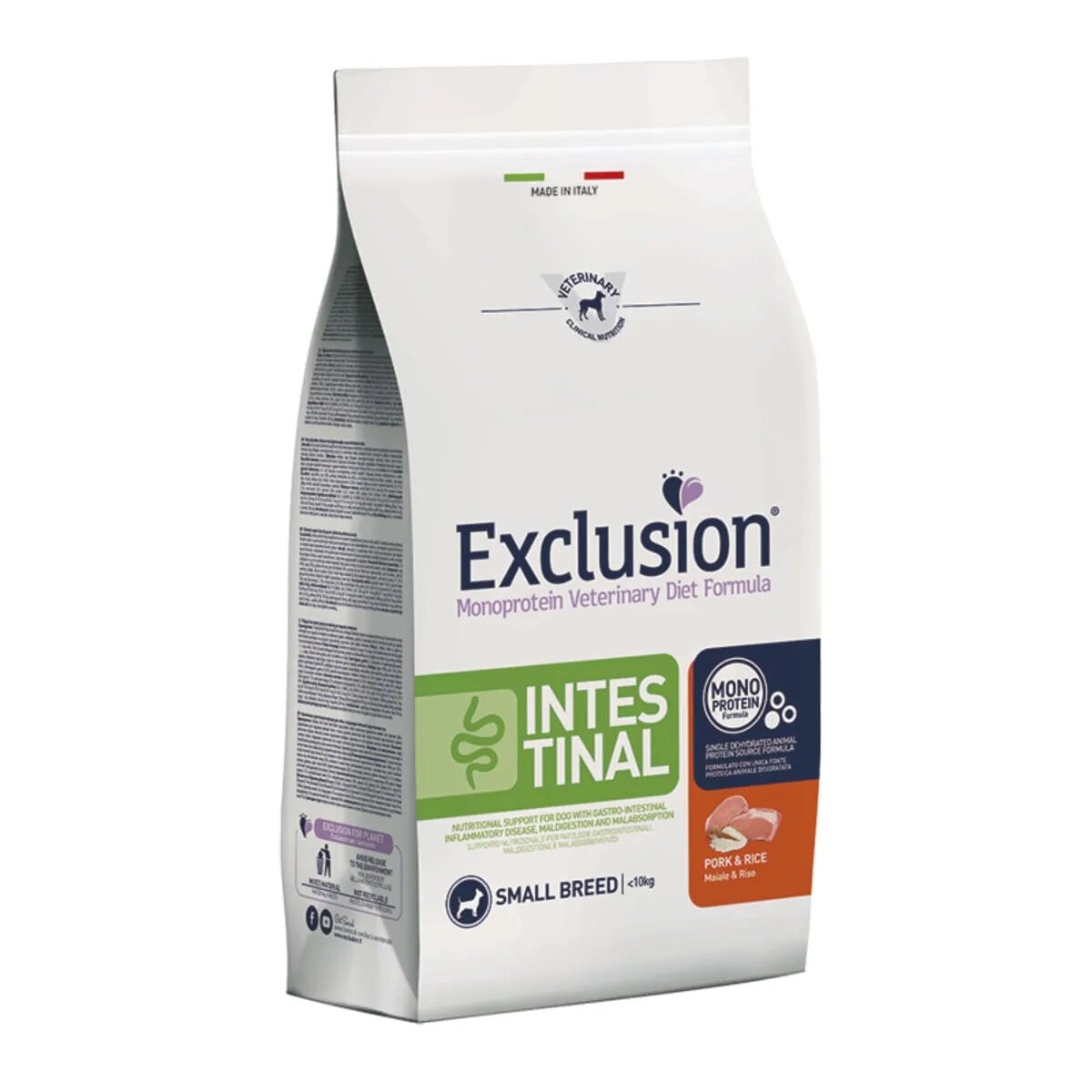 EXCLUSION Monoprotein VD Intestinal Small XS-S Porc și Orez dietă veterinară hrană uscată câini sistem digestiv 2kg