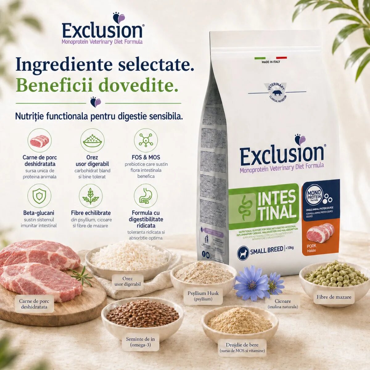 EXCLUSION Monoprotein VD Intestinal Small XS-S Porc și Orez dietă veterinară hrană uscată câini sistem digestiv 7kg