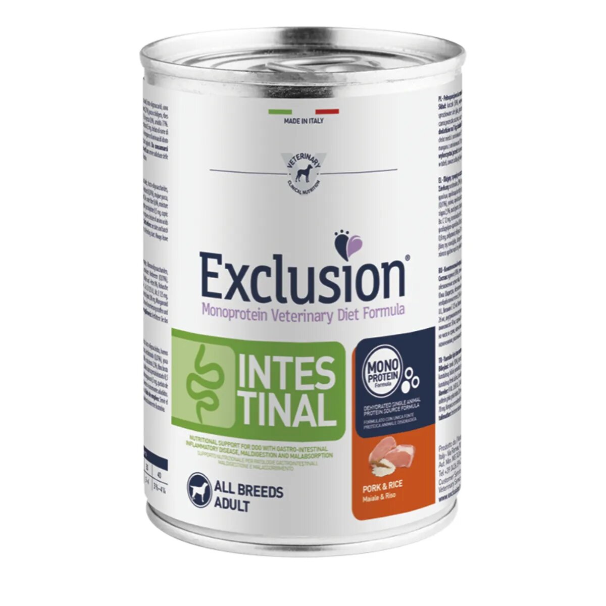 EXCLUSION Monoprotein VD Intestinal XS-XL Porc și Orez dietă veterinară conservă hrană umedă fără cereale câini sistem digestiv (pate) 400g