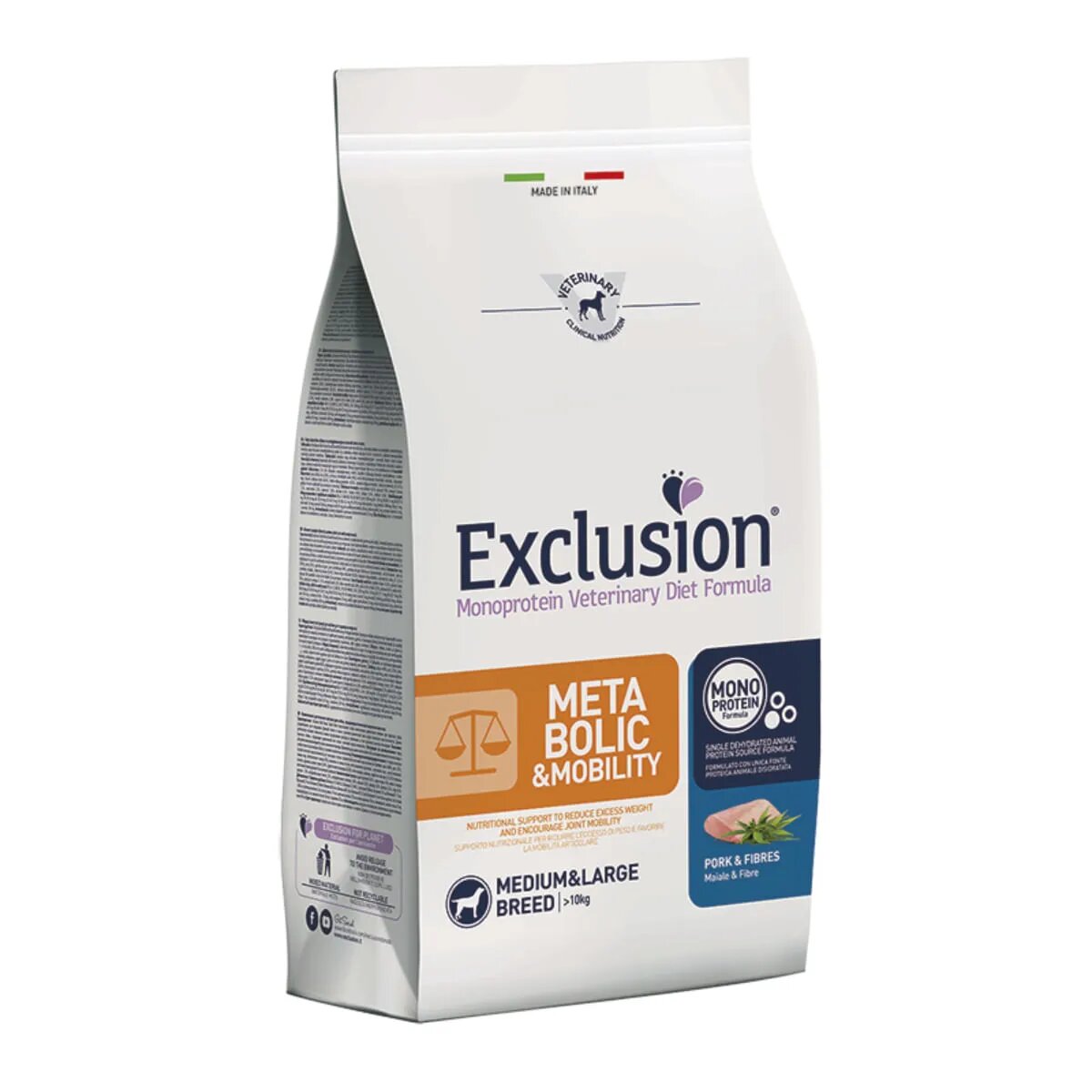 EXCLUSION Monoprotein VD Metabolic&Mobility Medium/Large M-XL Porc și Fibre dietă veterinară hrană uscată câini obezitate sistem articular 12kg
