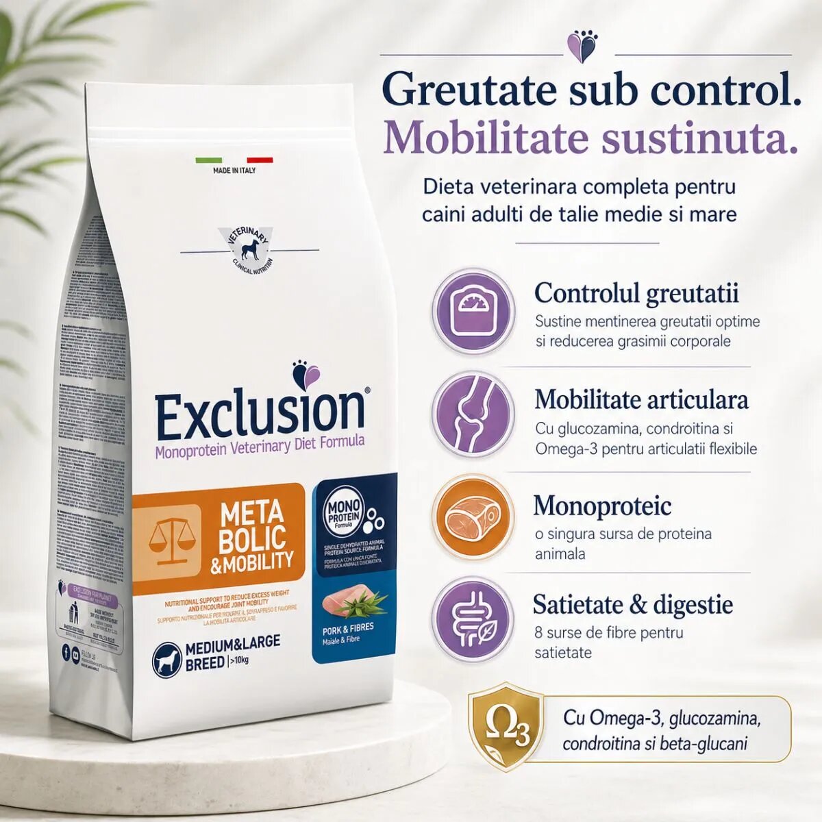 EXCLUSION Monoprotein VD Metabolic&Mobility Medium/Large M-XL Porc și Fibre dietă veterinară hrană uscată câini obezitate sistem articular 12kg