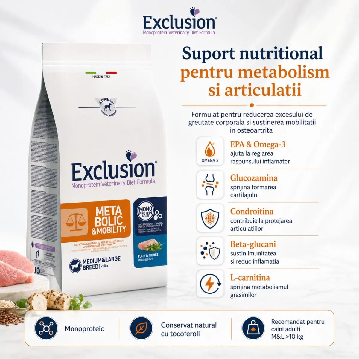 EXCLUSION Monoprotein VD Metabolic&Mobility Medium/Large M-XL Porc și Fibre dietă veterinară hrană uscată câini obezitate sistem articular 12kg
