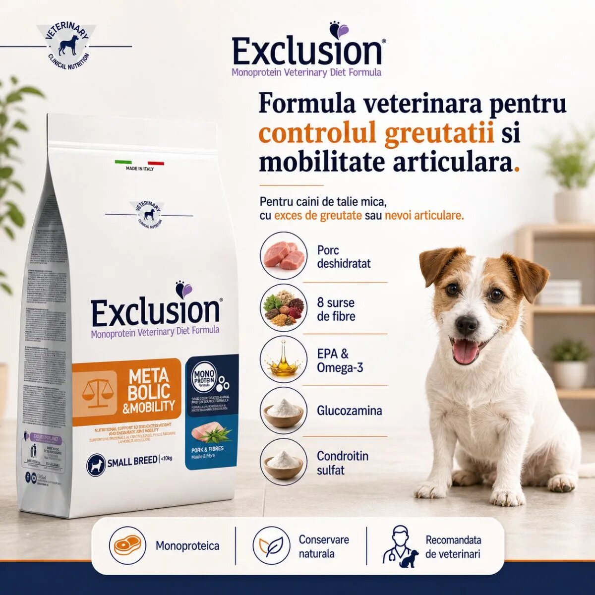 EXCLUSION Monoprotein VD Metabolic & Mobility Small XS-S Porc și Fibre dietă veterinară hrană uscată câini obezitate sistem articular 2kg