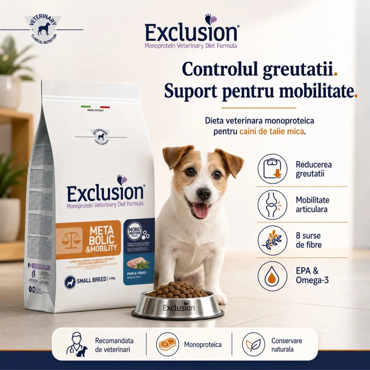EXCLUSION Monoprotein VD Metabolic & Mobility Small XS-S Porc și Fibre dietă veterinară hrană uscată câini obezitate sistem articular 2kg