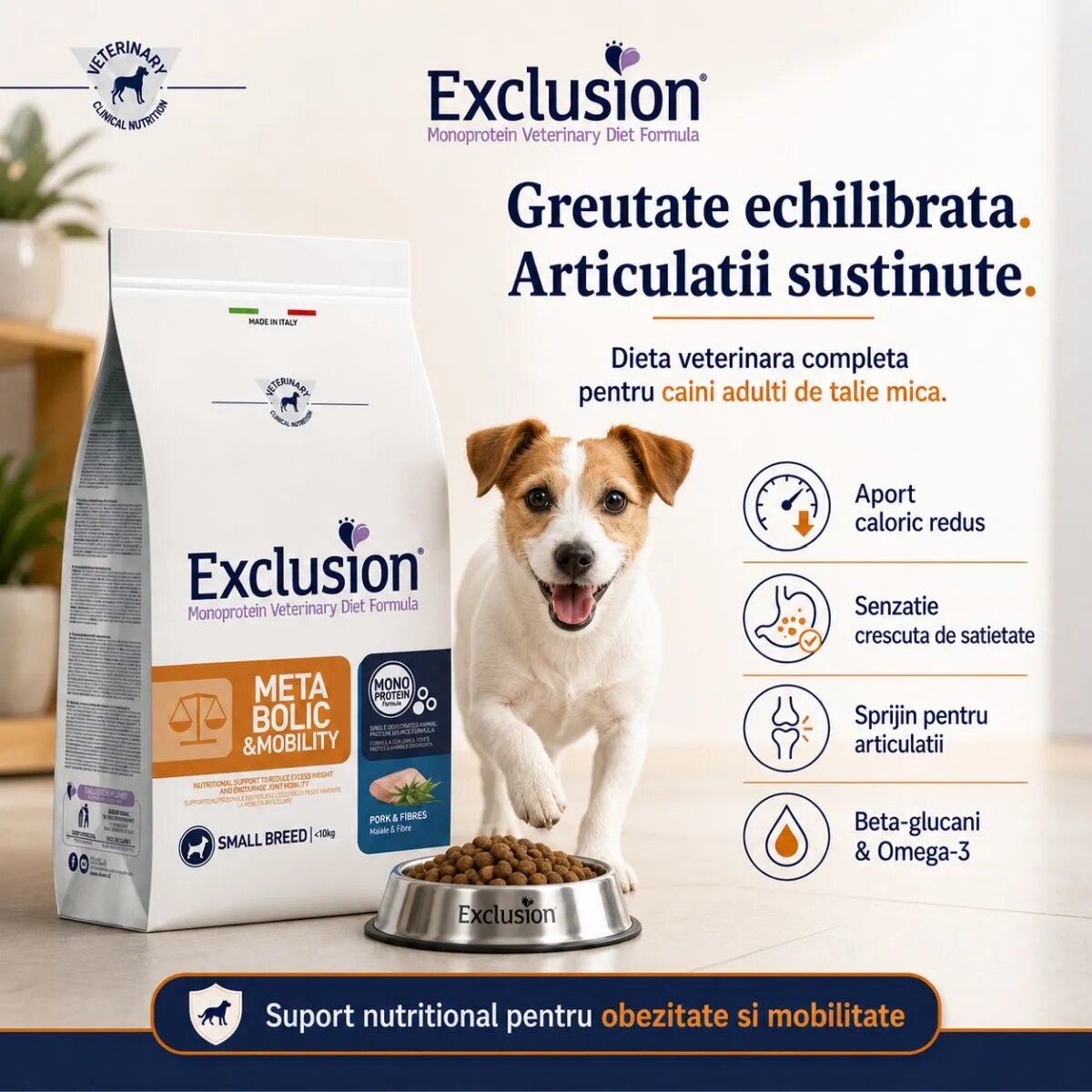 EXCLUSION Monoprotein VD Metabolic & Mobility Small XS-S Porc și Fibre dietă veterinară hrană uscată câini obezitate sistem articular 2kg