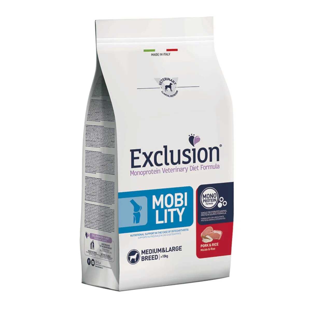 EXCLUSION Monoprotein VD Mobility Medium & Large M-XL Porc și Orez dietă veterinară hrană uscată câini sistem articular 12kg