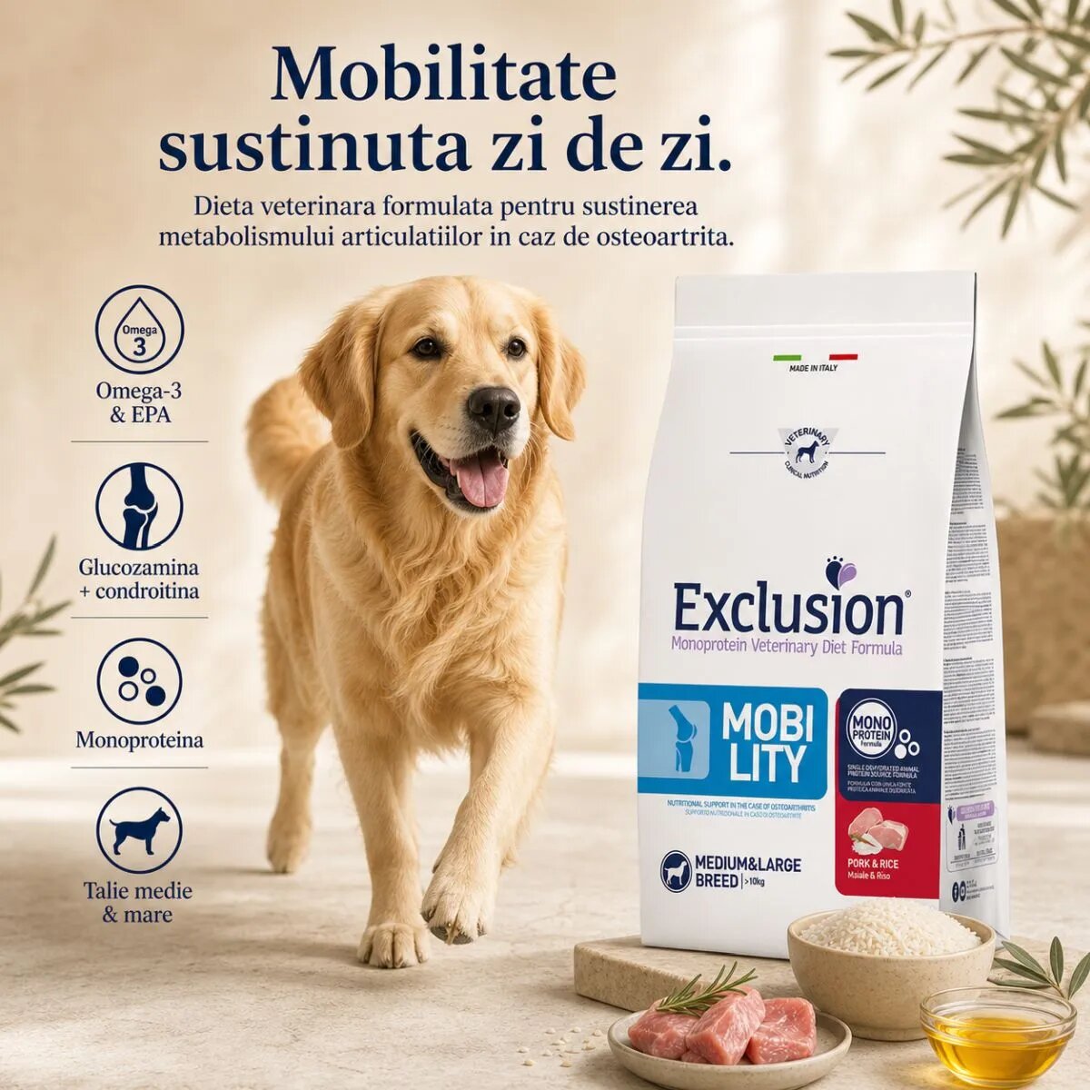 EXCLUSION Monoprotein VD Mobility Medium & Large M-XL Porc și Orez dietă veterinară hrană uscată câini sistem articular 12kg