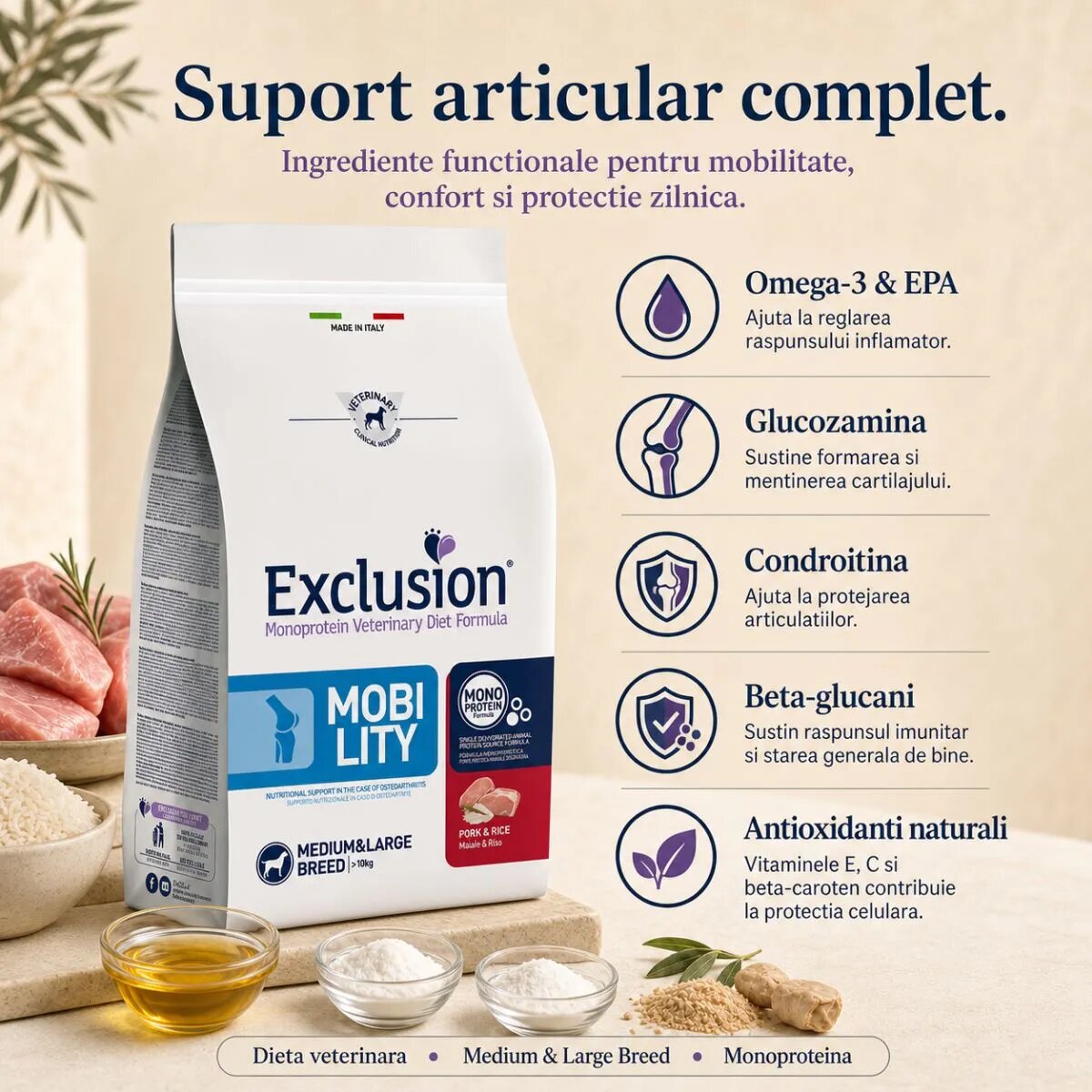 EXCLUSION Monoprotein VD Mobility Medium & Large M-XL Porc și Orez dietă veterinară hrană uscată câini sistem articular 12kg