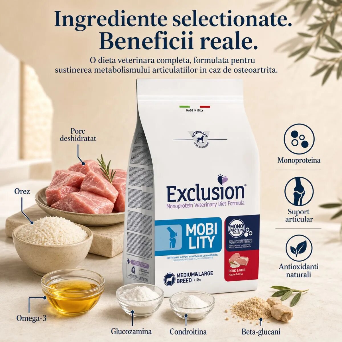 EXCLUSION Monoprotein VD Mobility Medium & Large M-XL Porc și Orez dietă veterinară hrană uscată câini sistem articular 12kg