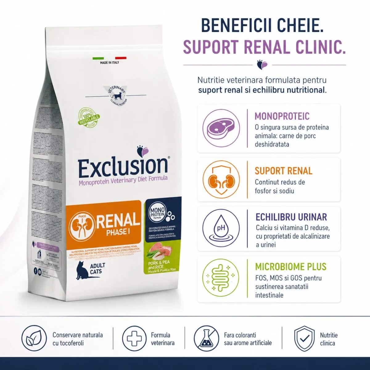 EXCLUSION Monoprotein VD Renal Phase 1 Porc și Orez dietă veterinară hrană uscată pisici sistem renal 1.5kg