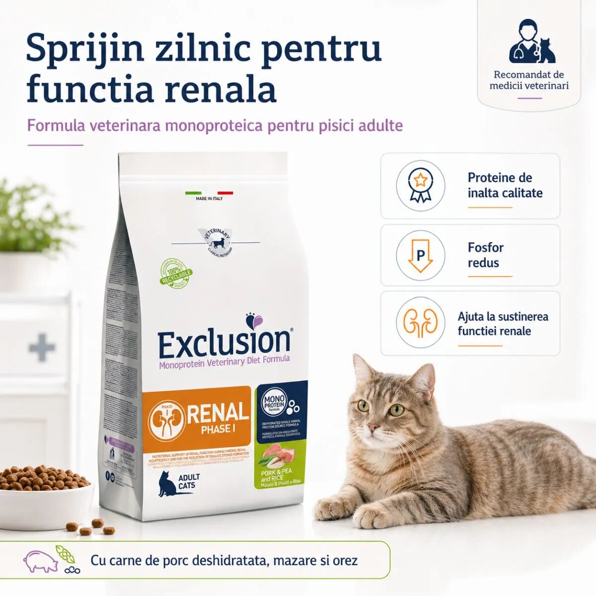EXCLUSION Monoprotein VD Renal Phase 1 Porc și Orez dietă veterinară hrană uscată pisici sistem renal 1.5kg