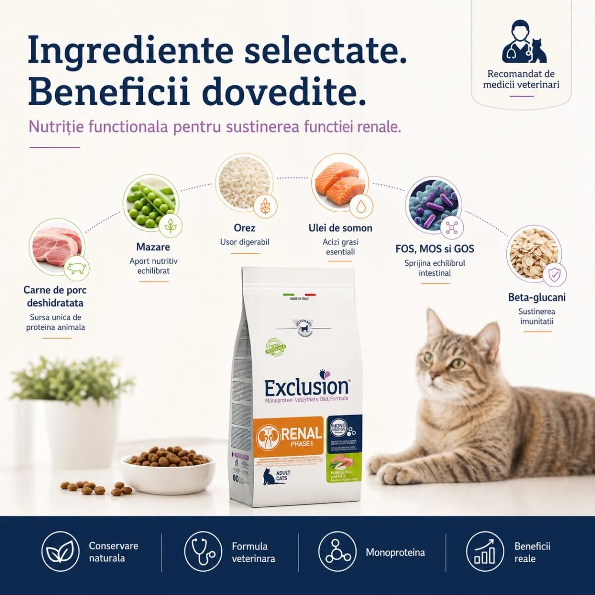 EXCLUSION Monoprotein VD Renal Phase 1 Porc și Orez dietă veterinară hrană uscată pisici sistem renal 1.5kg