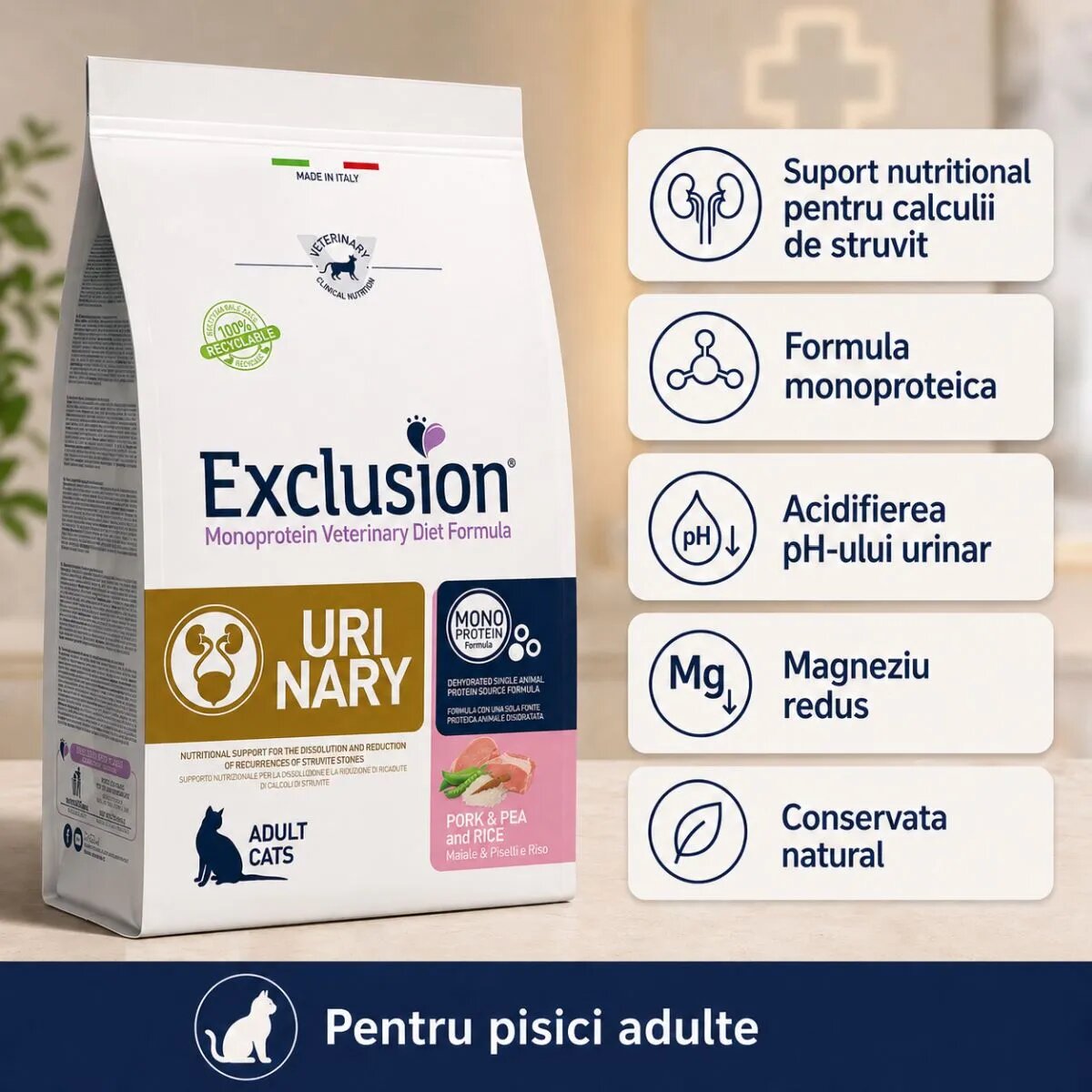 EXCLUSION Monoprotein VD Urinary Porc și Mazăre dietă veterinară hrană uscată pisici sistem urinar 1.5kg