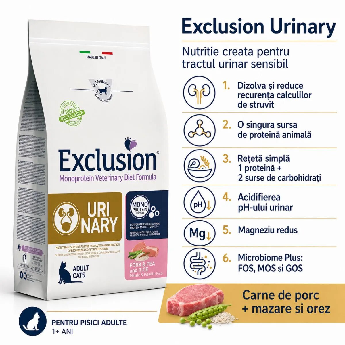 EXCLUSION Monoprotein VD Urinary Porc și Mazăre dietă veterinară hrană uscată pisici sistem urinar 1.5kg
