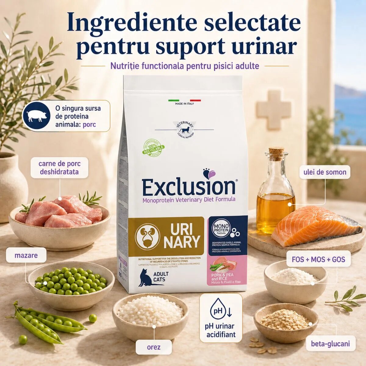 EXCLUSION Monoprotein VD Urinary Porc și Mazăre dietă veterinară hrană uscată pisici sistem urinar 1.5kg
