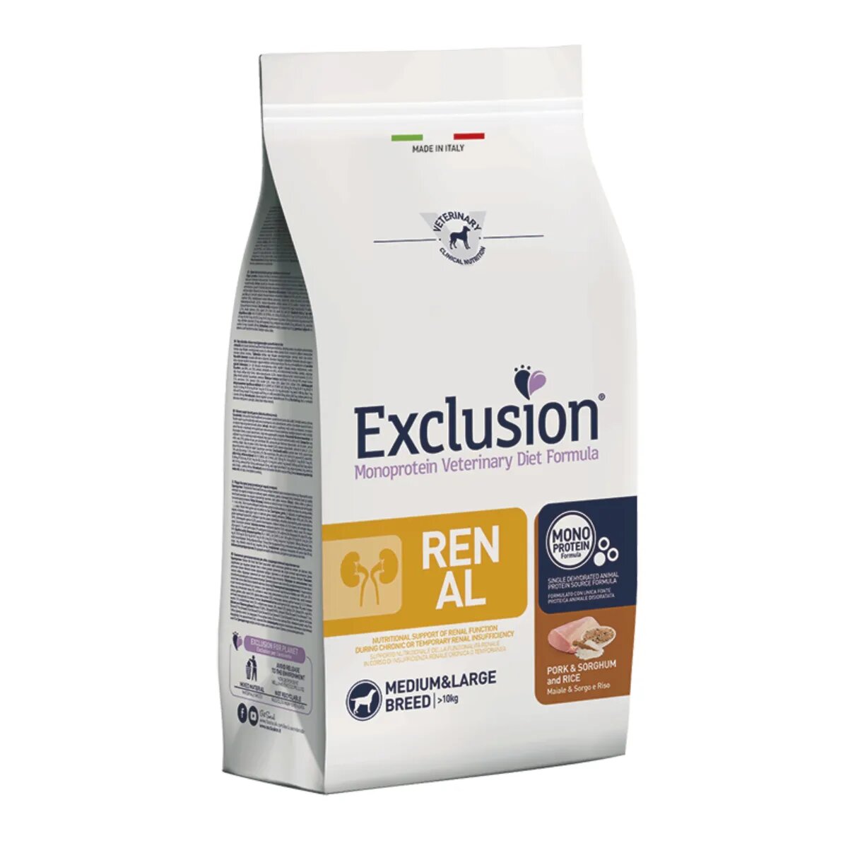 EXCLUSION Monoprotein Veterinary Diet Formula Renal M-XL Porc și Sorg dietă veterinară hrană uscată monoproteică câini sistem renal 12kg
