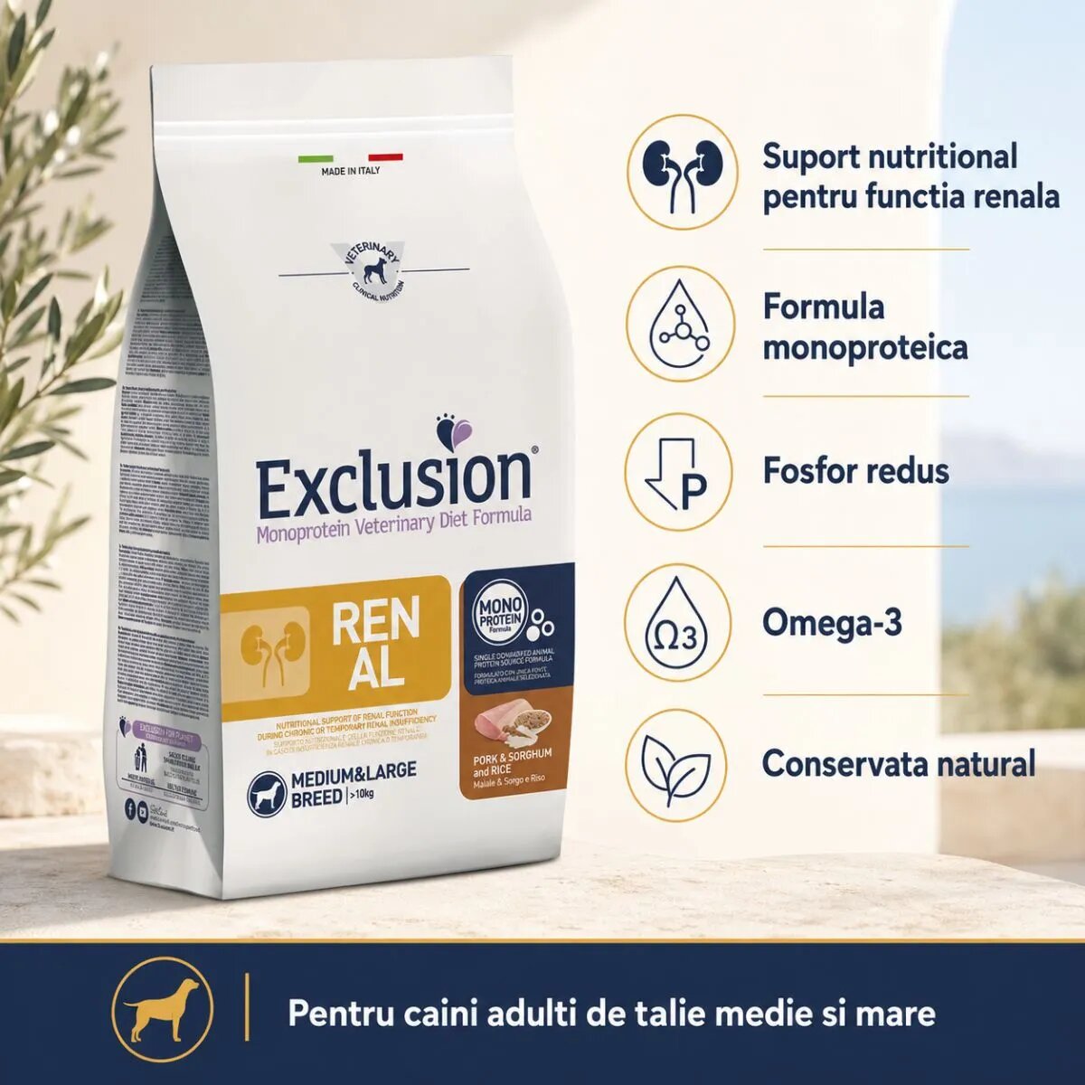EXCLUSION Monoprotein Veterinary Diet Formula Renal M-XL Porc și Sorg dietă veterinară hrană uscată monoproteică câini sistem renal 12kg