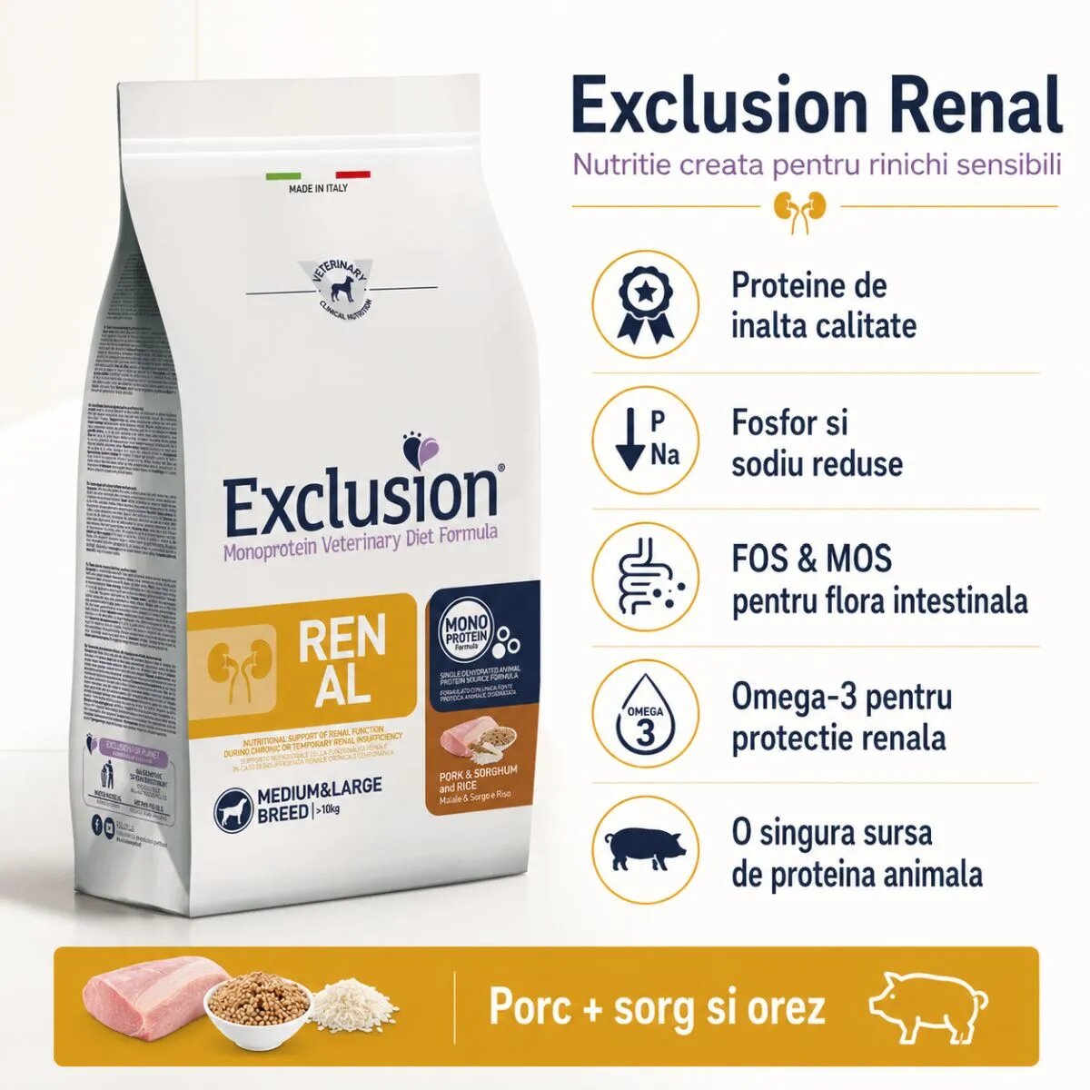 EXCLUSION Monoprotein Veterinary Diet Formula Renal M-XL Porc și Sorg dietă veterinară hrană uscată monoproteică câini sistem renal 12kg
