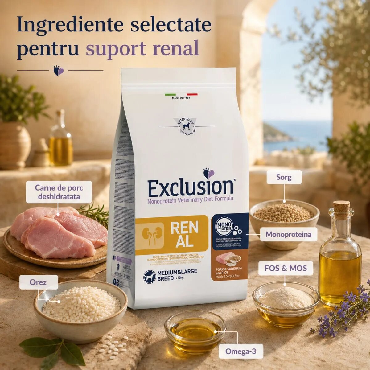 EXCLUSION Monoprotein Veterinary Diet Formula Renal M-XL Porc și Sorg dietă veterinară hrană uscată monoproteică câini sistem renal 12kg
