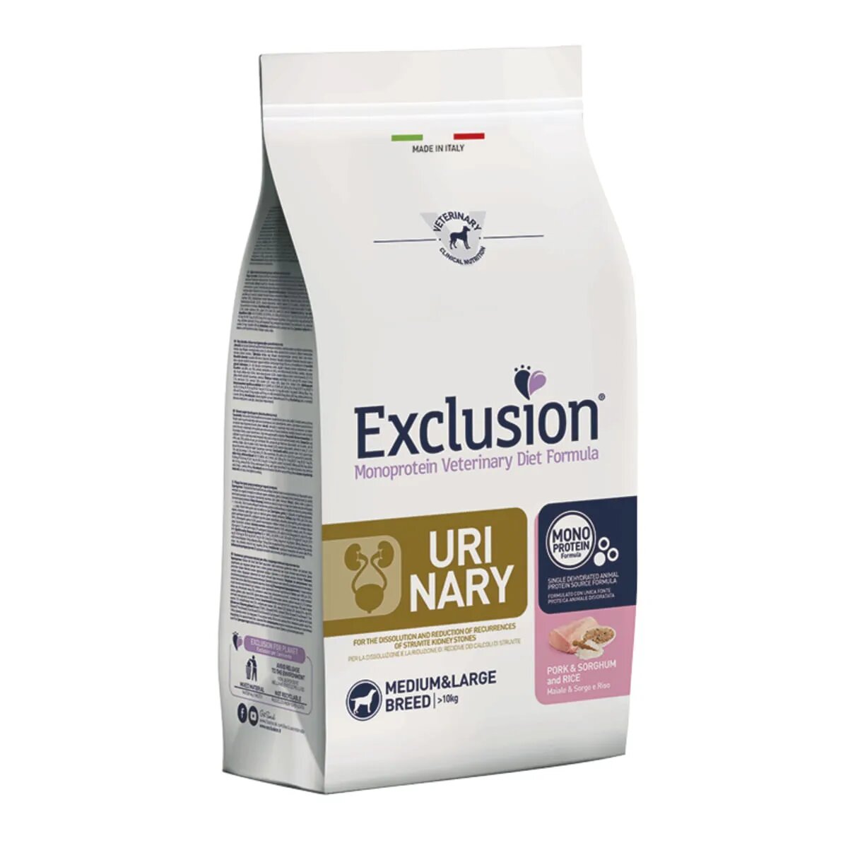 EXCLUSION Monoprotein Veterinary Diet Formula Urinary M-XL Porc dietă veterinară hrană uscată monoproteică câini sistem urinar 12kg