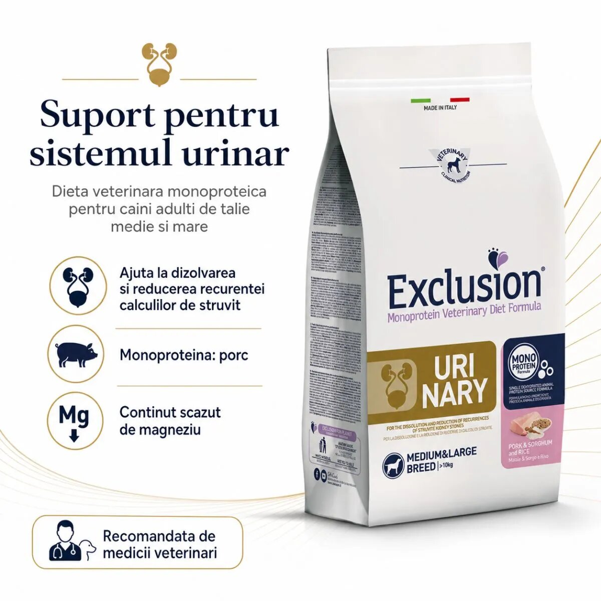 EXCLUSION Monoprotein Veterinary Diet Formula Urinary M-XL Porc dietă veterinară hrană uscată monoproteică câini sistem urinar 12kg