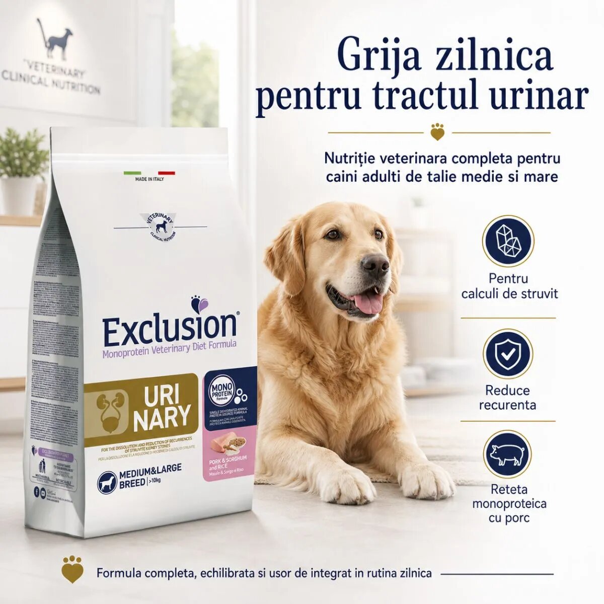 EXCLUSION Monoprotein Veterinary Diet Formula Urinary M-XL Porc dietă veterinară hrană uscată monoproteică câini sistem urinar 12kg