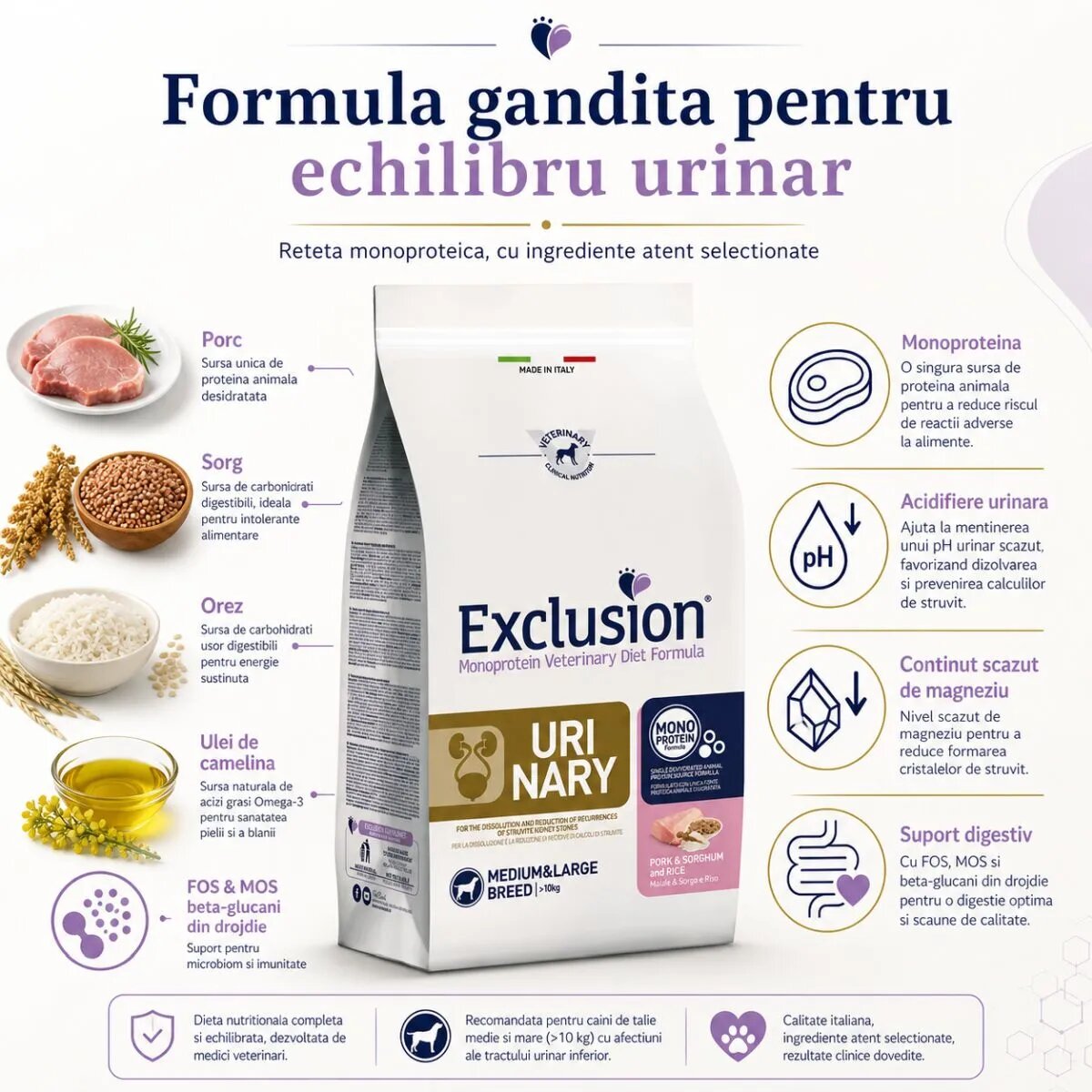 EXCLUSION Monoprotein Veterinary Diet Formula Urinary M-XL Porc dietă veterinară hrană uscată monoproteică câini sistem urinar 12kg