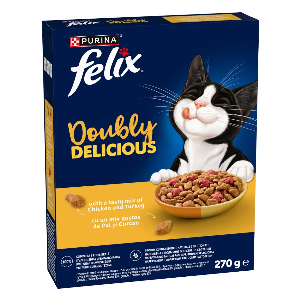 FELIX Doubly Delicious Pui și Curcan hrană uscată pisici 270g