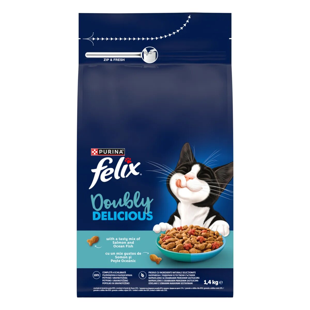 FELIX Doubly Delicious Somon și Pește hrană uscată pisici 1.4kg