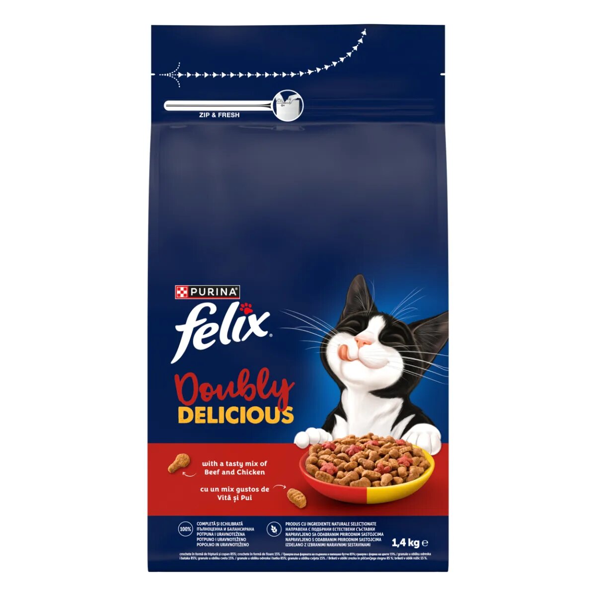FELIX Doubly Delicious Vită și Pui hrană uscată pisici 1.4kg