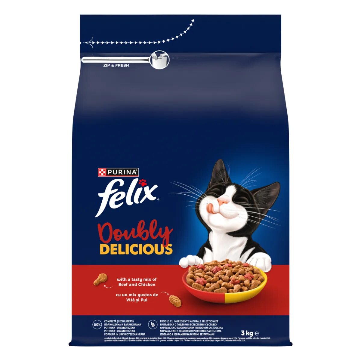FELIX Doubly Delicious Vită și Pui hrană uscată pisici 3kg