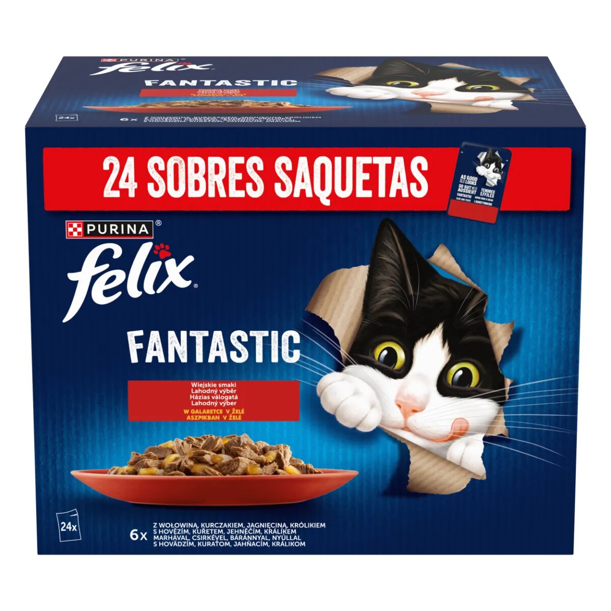FELIX Fantastic Selecție cu Vită Pui Iepure și Miel plic hrană umedă pisici (în aspic) bax 85g x 24buc