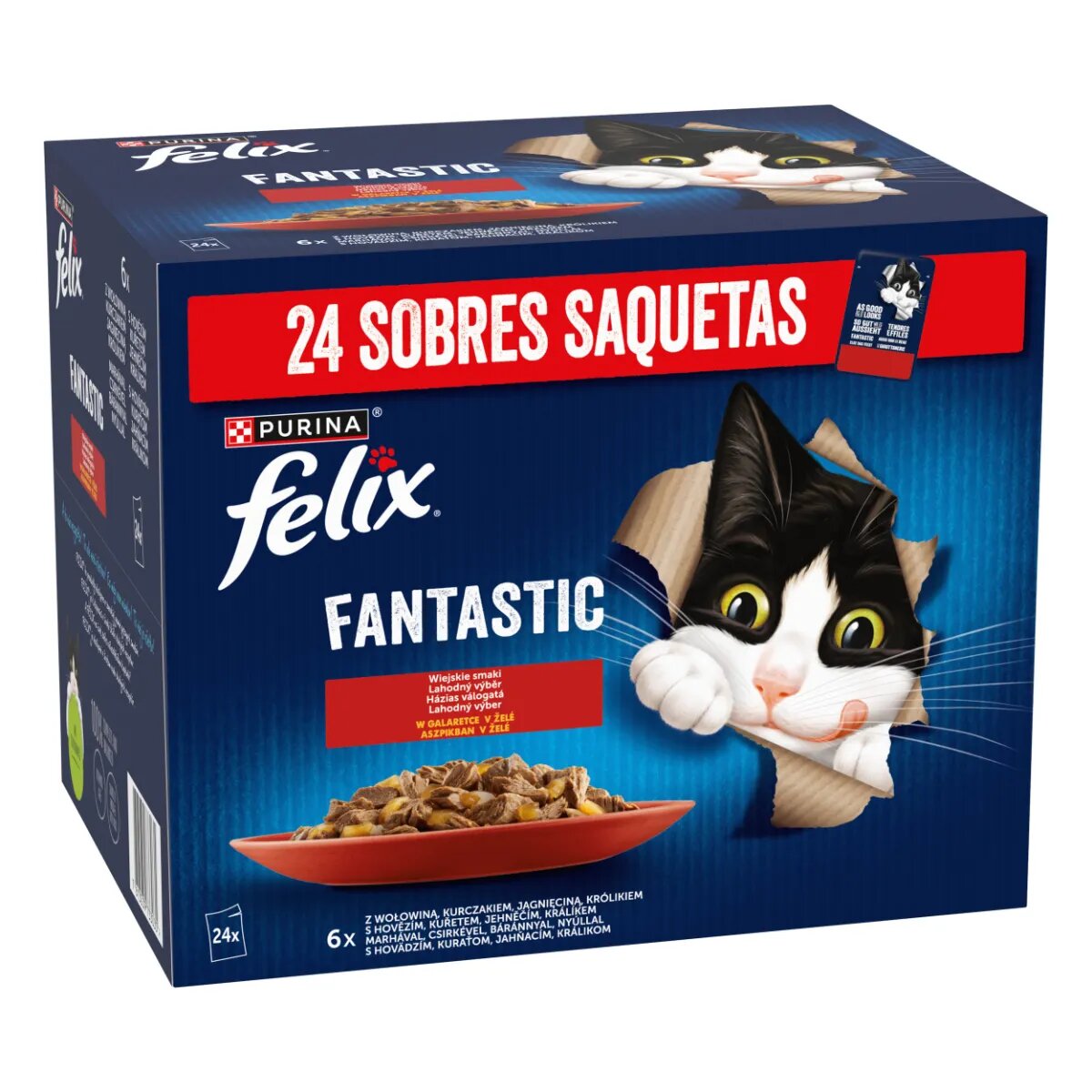 FELIX Fantastic Selecție cu Vită Pui Iepure și Miel plic hrană umedă pisici (în aspic) bax 85g x 24buc