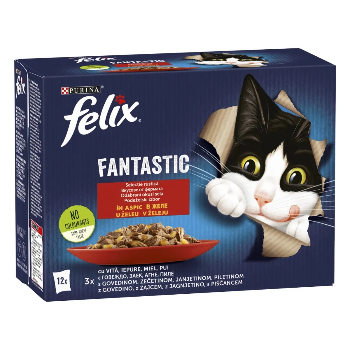 FELIX Fantastic Selecție cu Vită Pui Iepure și Miel plic hrană umedă pisici (în aspic) multipack 85g x 12buc