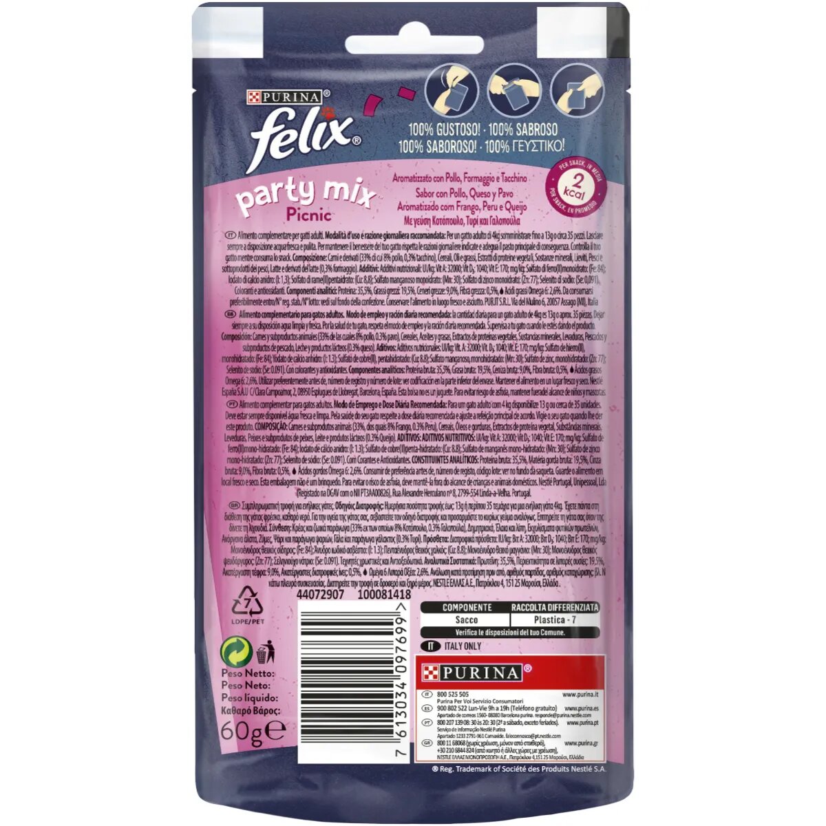 FELIX Party Mix Picnic Mix cu Pui Brânză și Curcan punguță recompense pisici 60g