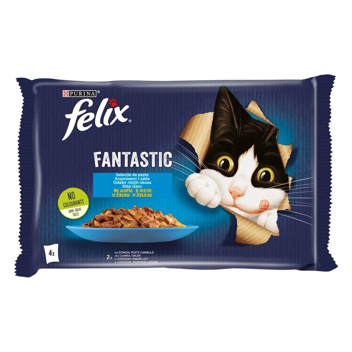 FELIX PURINA Fantastic 2 arome (Somon și Peste Cambula) pachet mixt plic hrană umedă pisici (în aspic) 85g x 4
