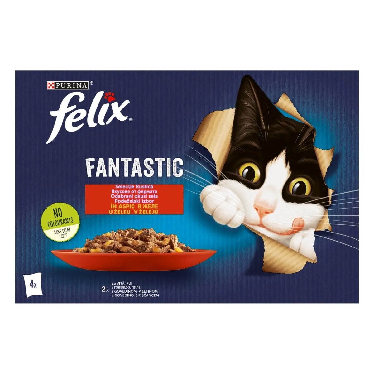 FELIX PURINA Fantastic 2 arome (Vita și Pui) pachet mixt plic hrană umedă pisici (în aspic) 85g x 4