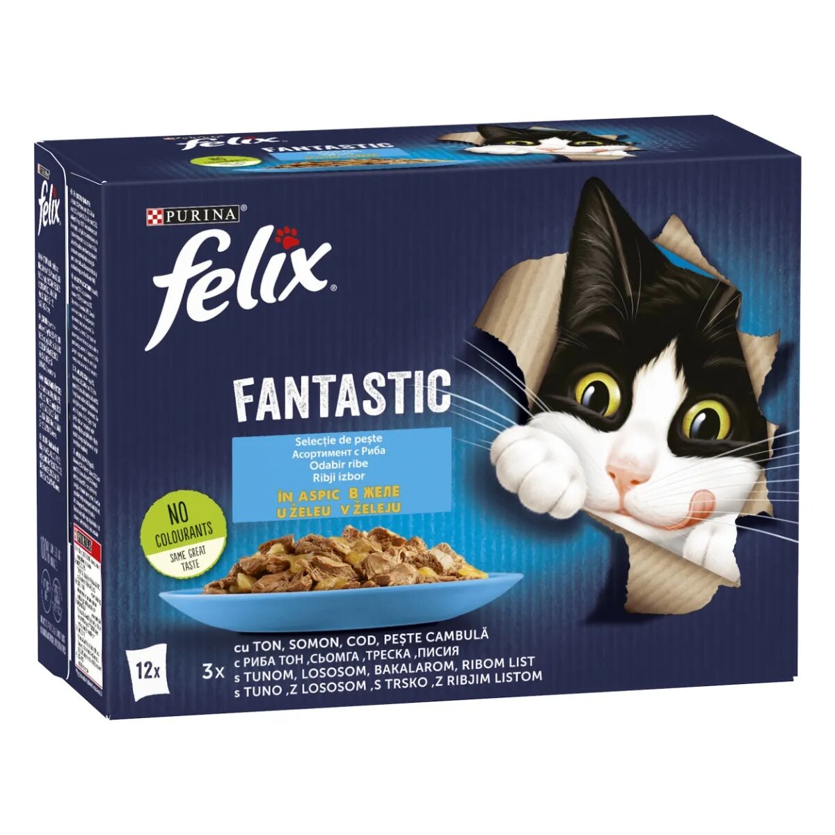 FELIX PURINA Fantastic 4 arome (Ton Somon Cod Peste Cambula) pachet mixt plic hrană umedă pisici (în aspic) 85g x 12