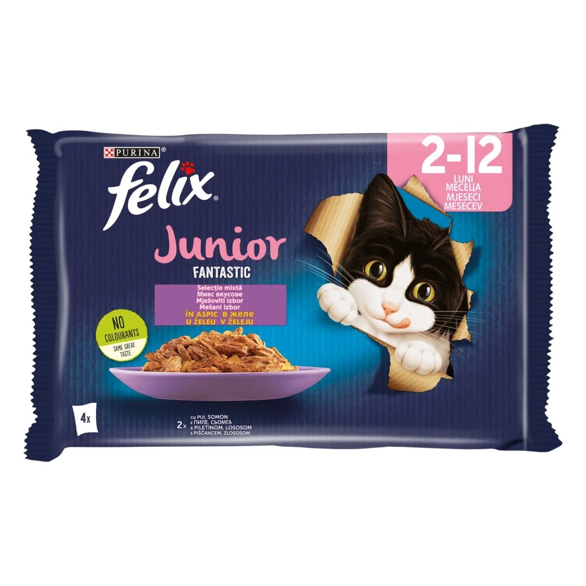 FELIX PURINA Fantastic Junior Pui pachet mixt plic hrană umedă pisici junior (în aspic) 85g x 4